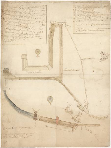 Tekening van de haven van Stavoren met uit te voeren werkzaamheden